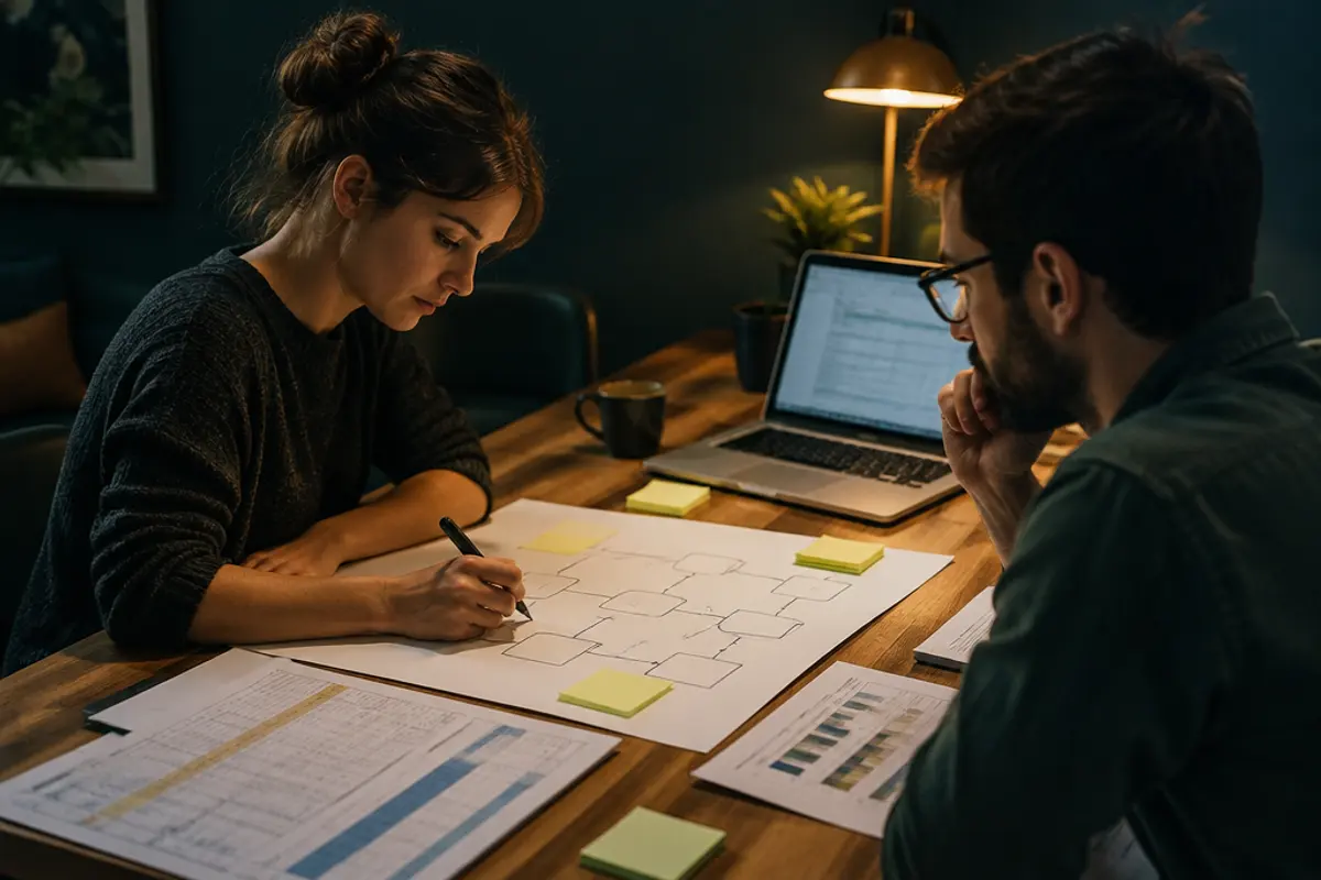 Dos personas dibujando el flujo de un proceso sobre la mesa
